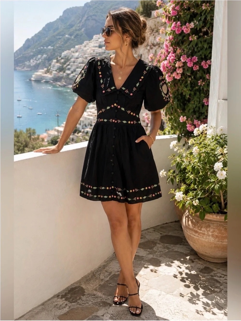 Caroline Constas Navy Embroidered Puff-Sleeve Mini Dress